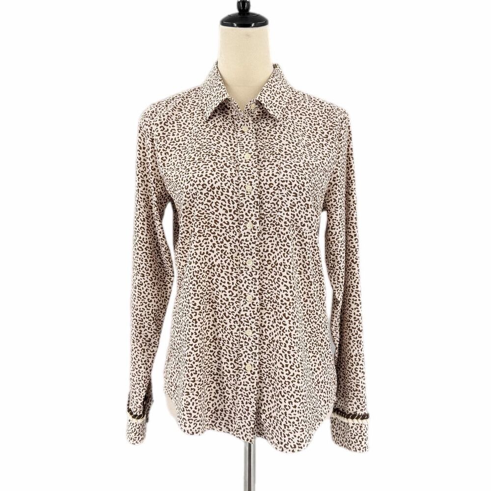 The Shirt Rochelle Behrens Cream Brown Leopard Animal Button Up Chic Blouse Top